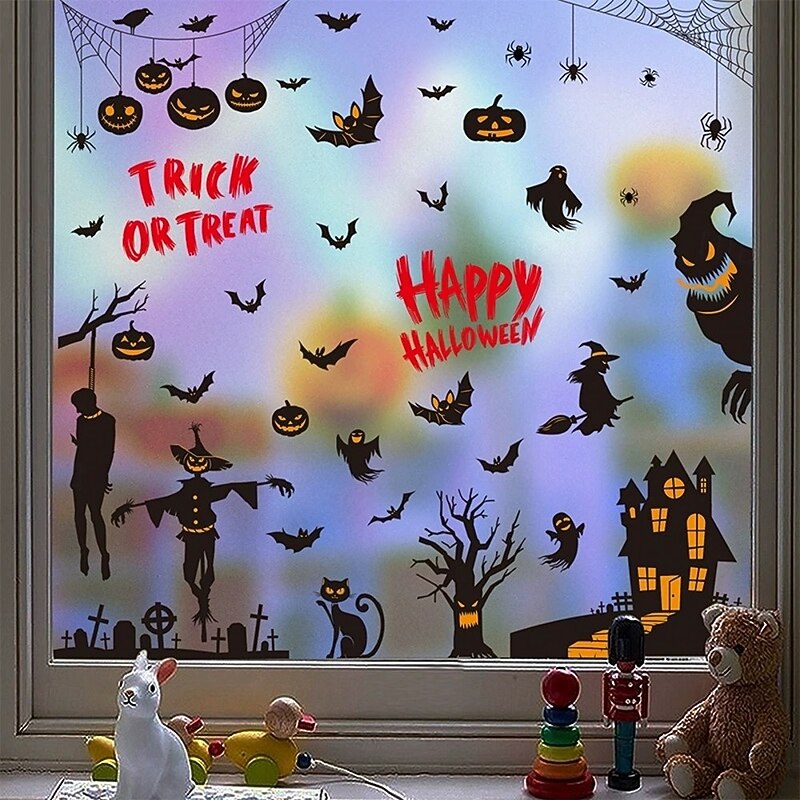 9 Sheets Halloween Window Clings Set – Reusable Static Stickers with Pumpkins, Ghosts, Bats & Haunted House Designs for Holiday Party Glass Decor