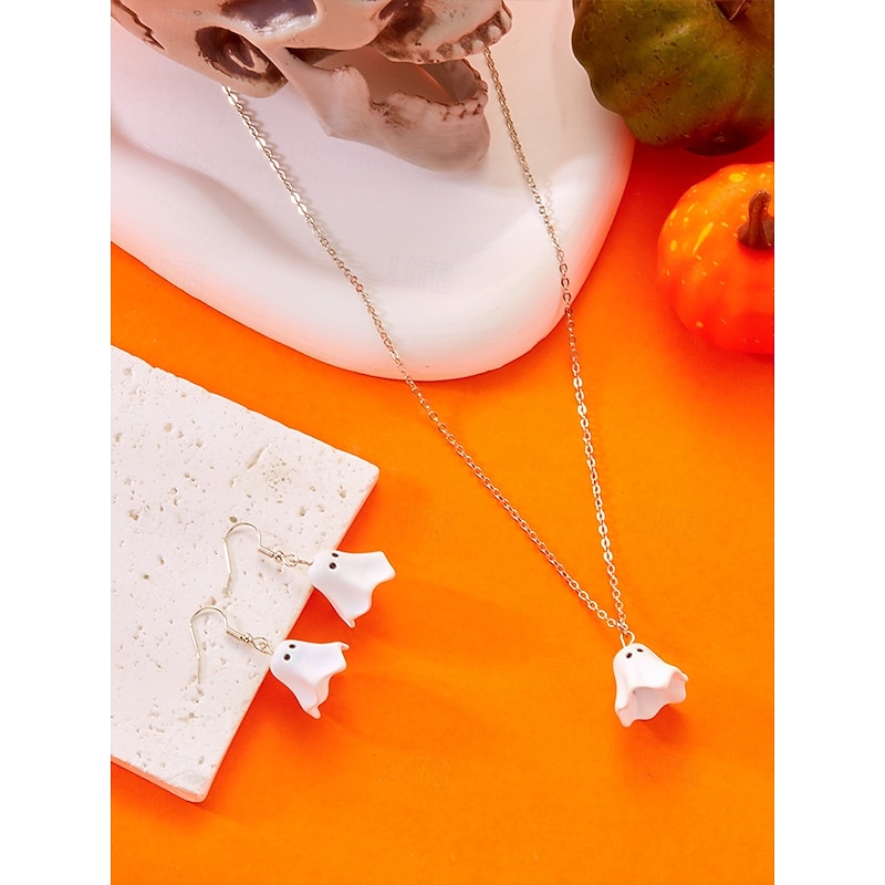 Women's Halloween Ghost Jewelry Set – Cute White Ghost Pendant Necklace and Drop Earrings for Party, Cosplay and Costume Accessories4