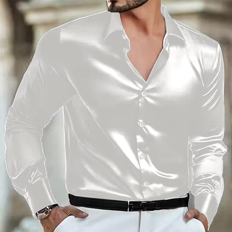 Men's Shirt Silk Like Satin Shirt Dress Shirt Button Up Shirt Plain Formal Wedding Black White Wine Blue Long Sleeve Lapel Spring &  Fall All Seasons Clothing Apparel3