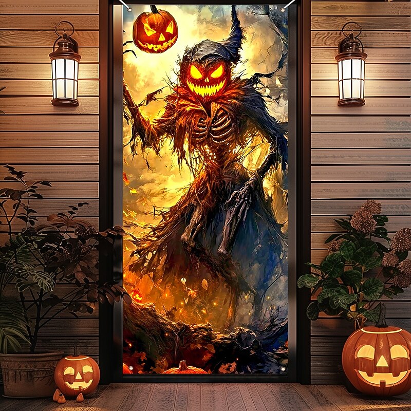 Halloween Door Cover Outdoor Banners Pumpkin Tree Demon 3D Dark Punk Gothic Style Party Outdoor Shooting Backgrounds Front Door Wall Porch Home Decor