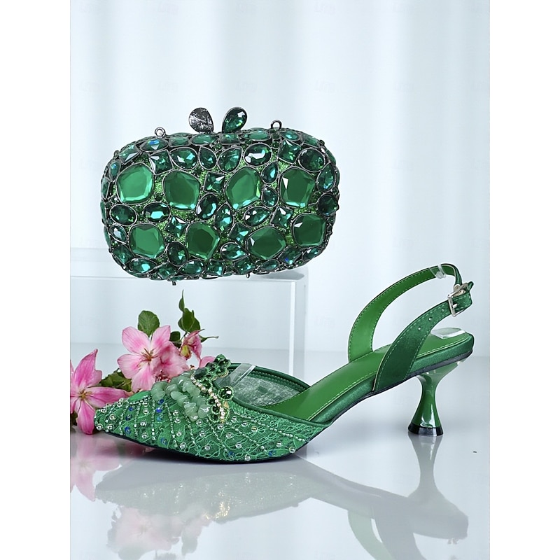 Women's Green Rhinestone Heel Shoes and Clutch Bag Set - Elegant Slingback Pumps and Handbag for Cocktail Party and Formal Occasion