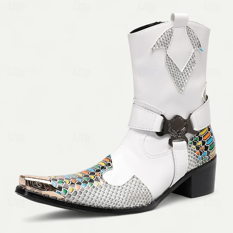 Men's White Genuine Leather Western Boots with Snake Print Design, Cowboy Style Pointed Toe Boots for Festivals, Concerts and Fashion Shows2