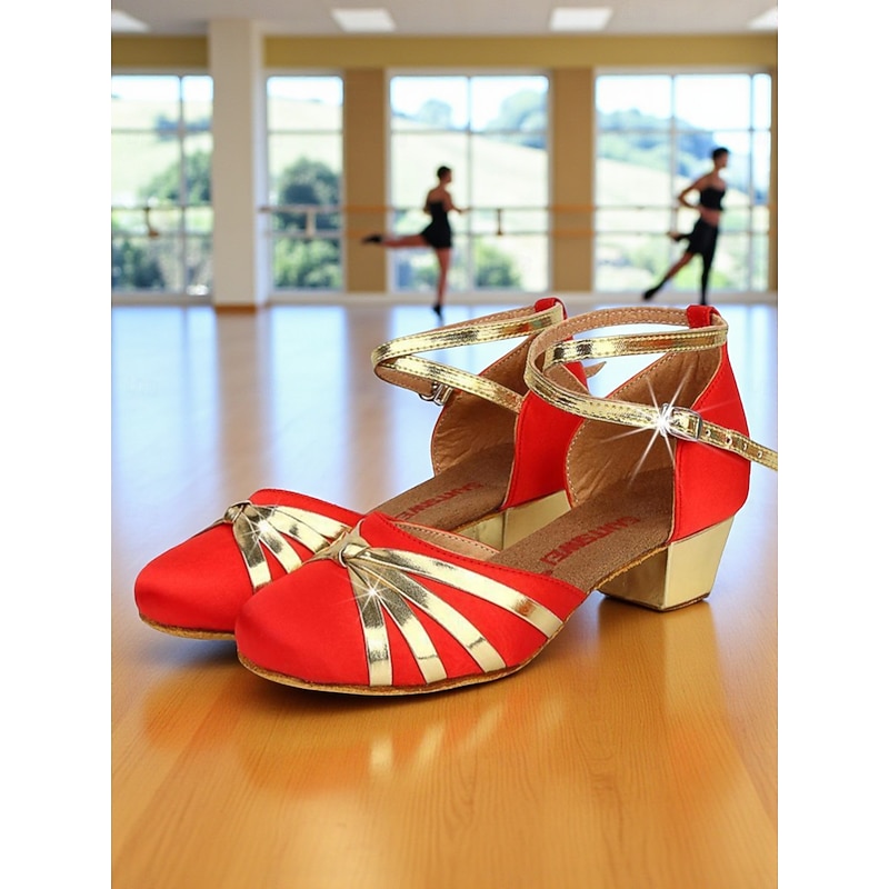 Women's Girls' Red and Gold Latin Dance Shoes - Low Heel Professional Ballroom Shoes for Kids & Teens Practice and Performance
