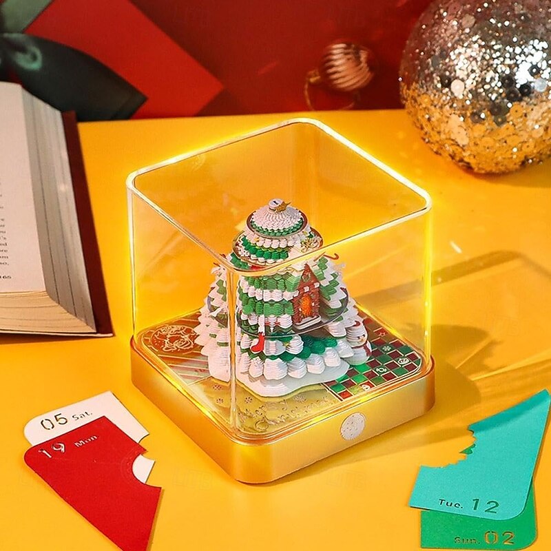Christmas Tree 3D Time Piece Calendar 2026 Desk Calendar Art Memo Pad Paper Christmas Tree House with Lights DIY Tear-away Paper Carving Art Memo Pad Notepad3