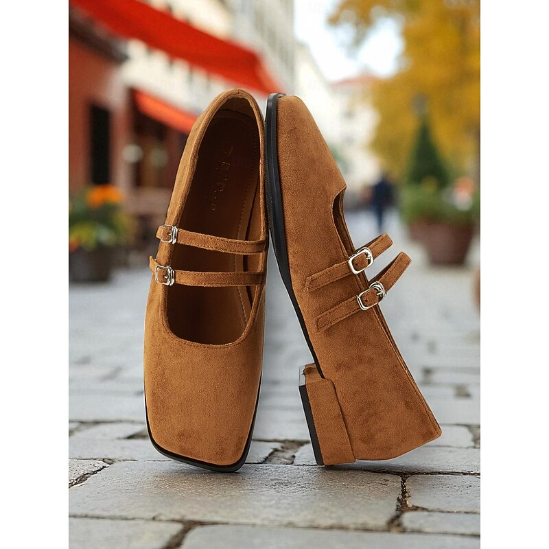 Women's Brown Suede Mary Jane Shoes – Double Strap Square Toe Block Heel Vintage Style Dress Shoes for Office, Casual Outings, and Autumn Fashion Outfits2