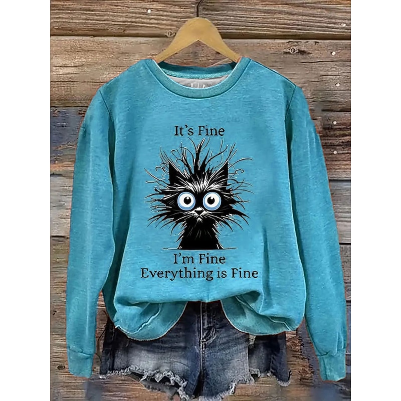 Women's Pullover Sweatshirt Graphic Cat Letter Fashion Casual Long Sleeve Crew Neck Regular Tops Street Dailywear Casual Print Blue Purple Orange Green Gray Fall Winter2