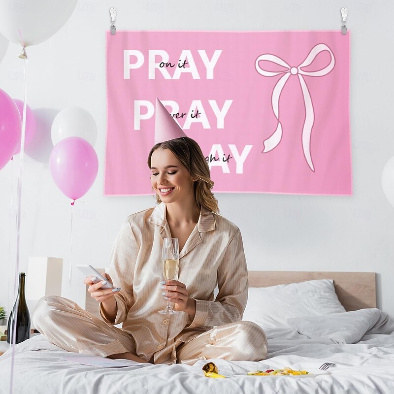 Coquette Pink Bow Christian Tapestry Pink Inspirational Preppy Tapestry Wall Decor Christian Gifts Pray over It Pray on It Bible Verse for Women College Room Dorm Apartment, 60x40 Inch4