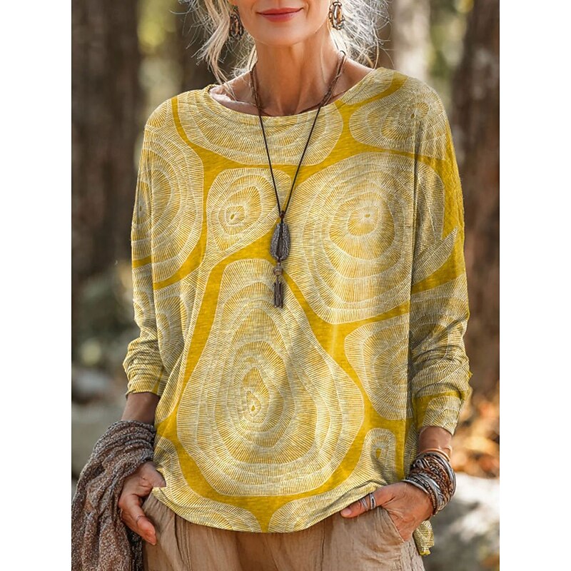 Women's T Shirt Graphic Geometric Striped Vintage Stylish Casual Long Sleeve Crew Neck Round Neck Regular Tops Daily Print Yellow Pink Blue Orange Spring Fall Winter2