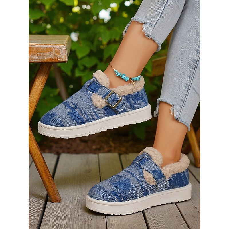 Women's Denim Fleece Lined Snow Booties – Warm Casual Slip-On Winter Shoes with Velcro Strap for Travel and Outdoor Walks3