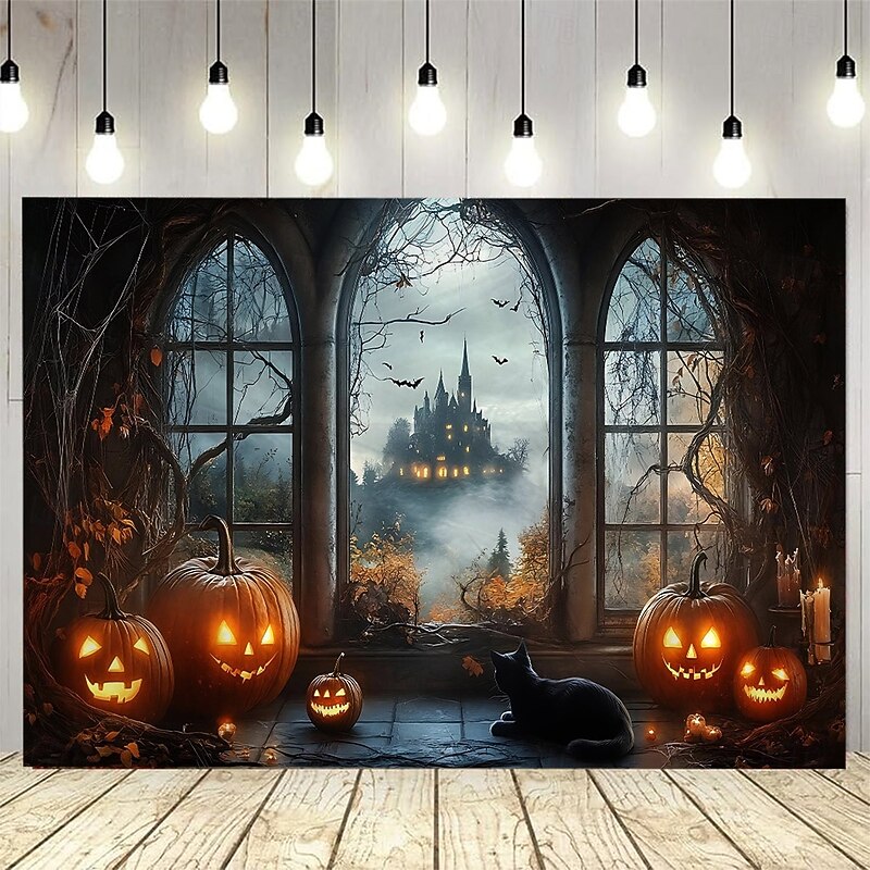 Halloween Witch Window Tapestry, Spooky Full Moon and Flying Witch Silhouette Wall Hanging, Polyester Fabric Haunted House Decor for Living Room, Bedroom, Dorm, or Party, Wrinkle-Free, Easy to Hang, Gothic Room Aesthetic Decoration3
