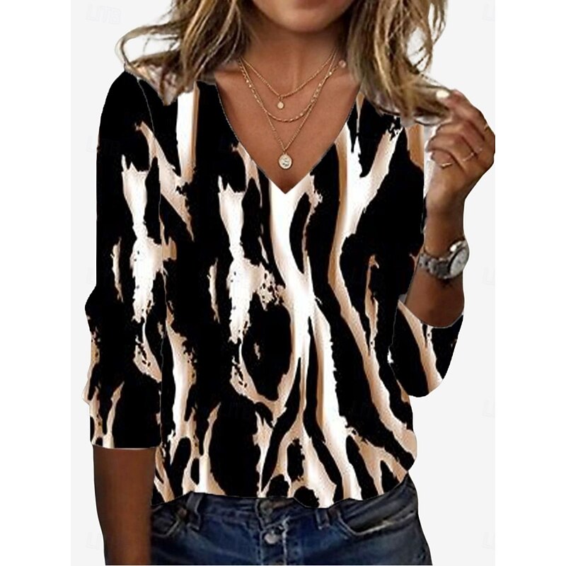 Women's Tunic T Shirt Leopard Color Block Letter Vintage Stylish Casual Long Sleeve V Neck Regular Tops Daily Sports Weekend Print Gray / Red White / Black Fall