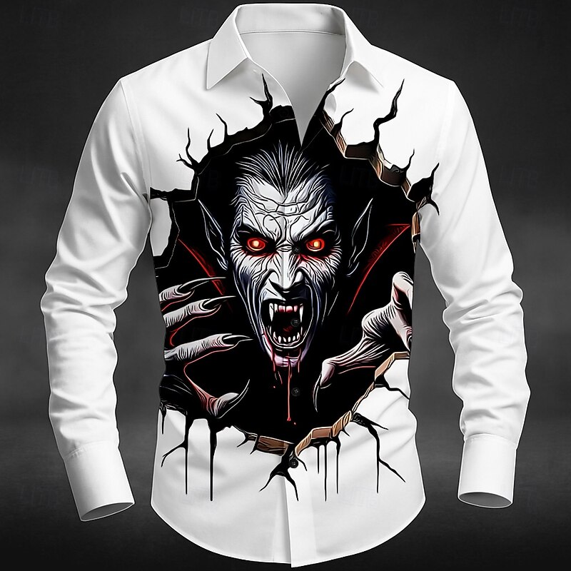 Halloween Men's Creepy Clown Vampires Blood stains Shirt Button Up Shirt Long Sleeve Dark Punk Gothic Style Outdoor Holiday Summer Spring Turndown 3D Print Collared Shirts Black White2