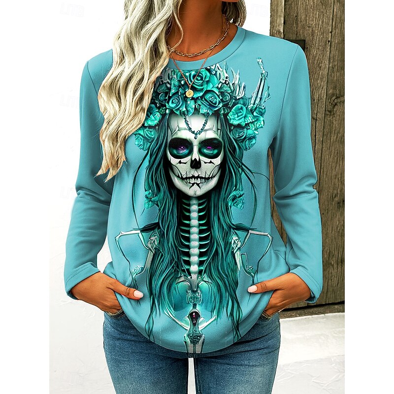 Halloween Women's T Shirt Skulls Floral Graphic Vintage Stylish Classic Long Sleeve Crew Neck Regular Tops Daily Print Blue Purple Green Gray Spring Fall Winter4