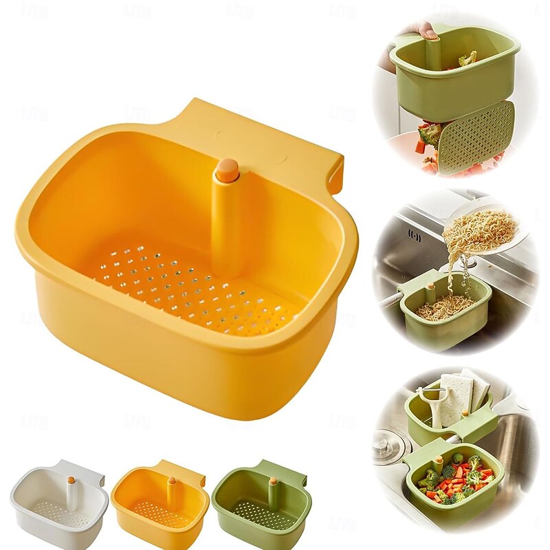 One-Button Opening and Closing Hanging Sink Corner Rack Multi-Use Veggie Washer/Dishwasher Holder Suitable for Kitchen, Fruit & Vegetable Storage and Soup Strainer3