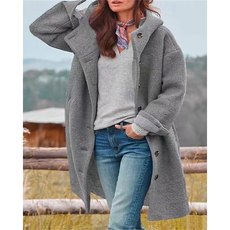 Women's Coat Warm Comfortable Pocket Buttons Casual Plain Outdoor Street Holiday Daily Wear Single Breasted Long Hooded Regular Fit Long Sleeve Outerwear Black Army Green Gray Winter2