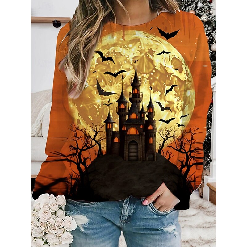 Halloween Women's Pullover Sweatshirt Hoodies Castle Graphic Fashion Casual Long Sleeve Crew Neck Round Neck Regular Tops Street Dailywear Print Blue Orange Green Spring Fall Winter