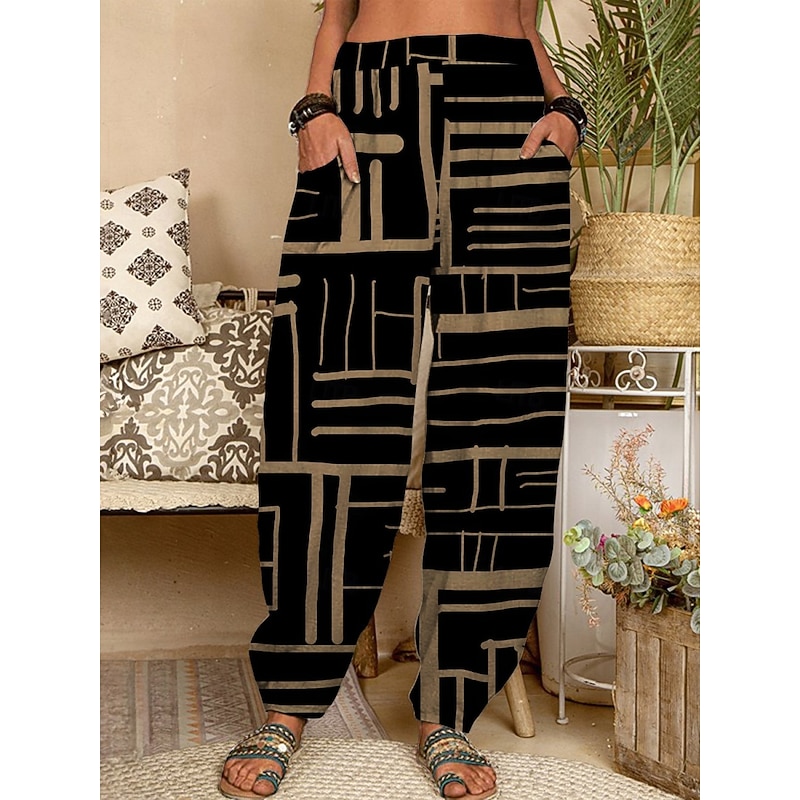 Women's Chinos Pants Trousers Active Fashion Long High Waist Geometic Pocket Elastic Waist Printing Breathability Soft Micro-elastic Vacation Street Daily Wear Khaki Spring Fall Regular Fit