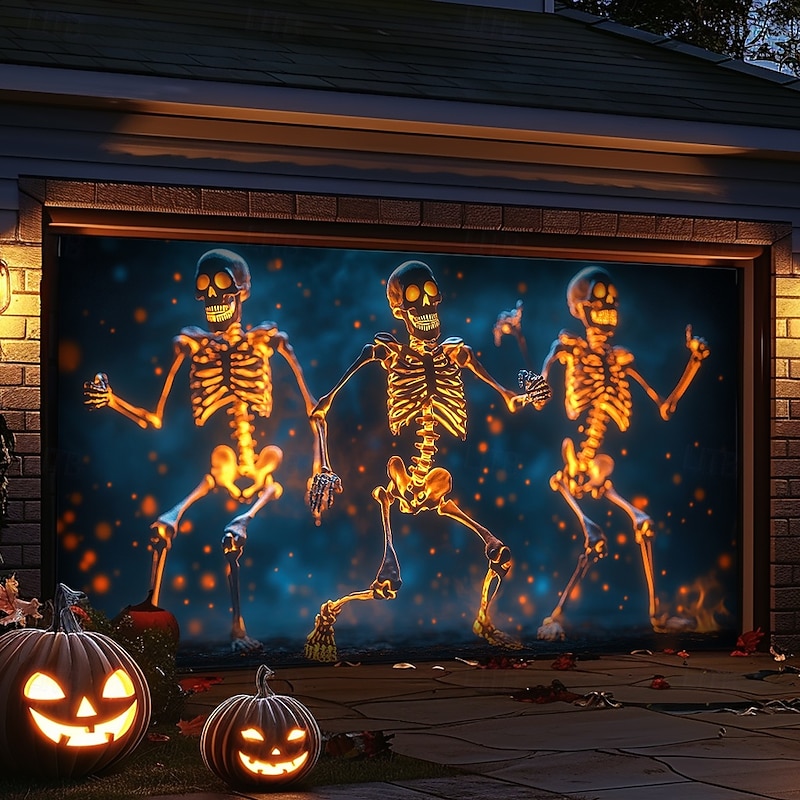 Halloween Garage Door Cover Large Hanging Backdrop Skeleton 3D Funny Dark Punk Gothic Style Party Outdoor Shooting Backgrounds Front Door Home Decor4