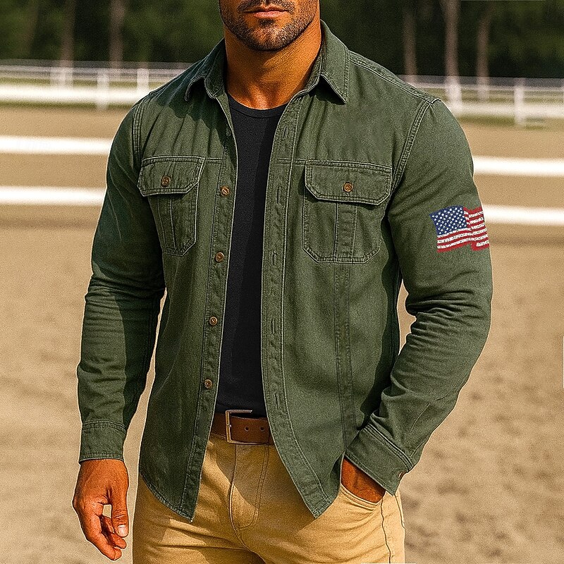 Men's American US Flag Work Shirt Western Shirt Cargo Shirt Long Sleeve Casual Tactical Sports Outdoor WorkWear Spring Fall Turndown Front Two Pockets Button Up Shirts Black Army Green Red Blue Orange