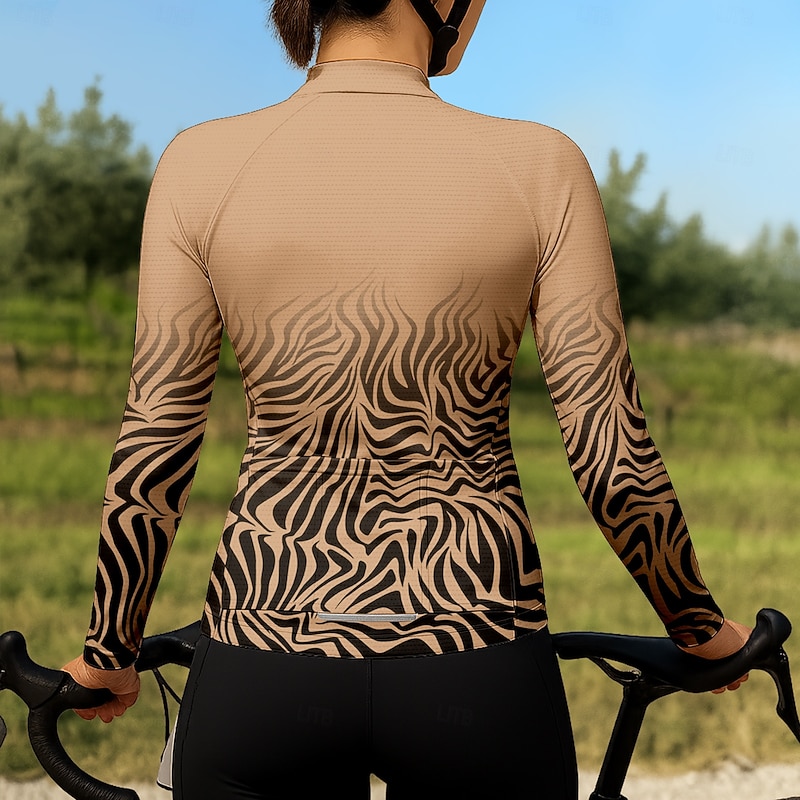 Women's Cycling Jersey Graphic Leopard Gradient Long Sleeve Bike Jersey Top with 3 Rear Pockets Sunscreen UV Resistant Quick Dry Reflective Strips Sports Khaki Clothing Apparel2