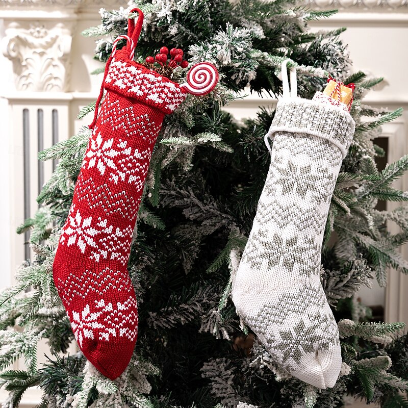 2Pcs Knitted Christmas Stockings, Red Snowflake Knit Xmas Socks, Holiday Decoration Hanging Gift Bags for Kids, Fireplace & Christmas Tree Ornaments