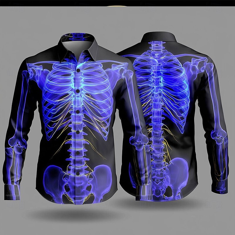 Halloween Men's Skeleton Neon Glow Halloween Costumes Shirt Button Up Shirt Long Sleeve Dark Punk Gothic Style Outdoor Holiday Summer Spring Turndown 3D Print Collared Shirts Black / Purple - Main Image