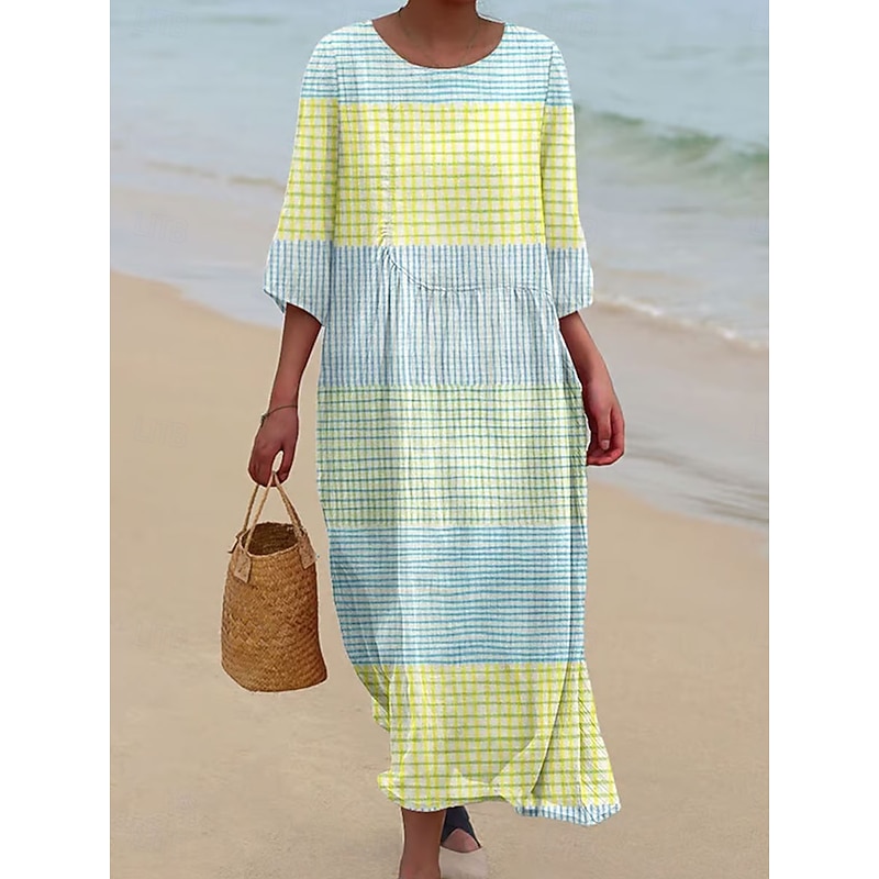 Women's Maxi Dress Kaftan 3/4 Length Sleeve Crew Neck Casual Dress A Line Dress Boho Regular Fit Graphic Geometric Abstract White Yellow Blue Orange Spring Fall3