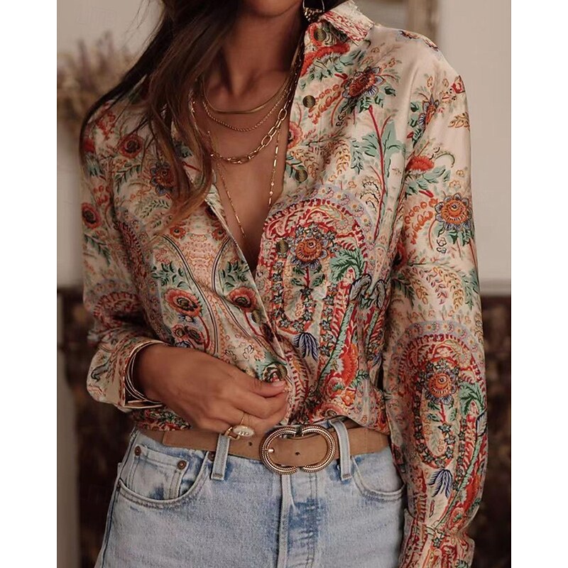Women's Shirt Floral Bohemia Stylish Modern Long Sleeve Shirt Collar Regular Tops Daily Holiday Pocket Buttons Print Pink Red Orange Green Spring Fall3