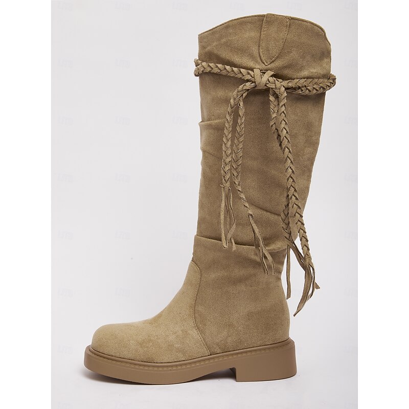 Women's Khaki Faux Suede Knee High Boots with Braided Tassels – Casual Western Style Low Heel Square Toe Boots for Fall, Festivals and Daily Wear4