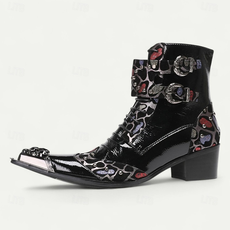 Men's Black Patent Leather Buckle Ankle Boots with Floral Pattern – Rock Gothic Style Party & Nightlife Fashion Shoes4