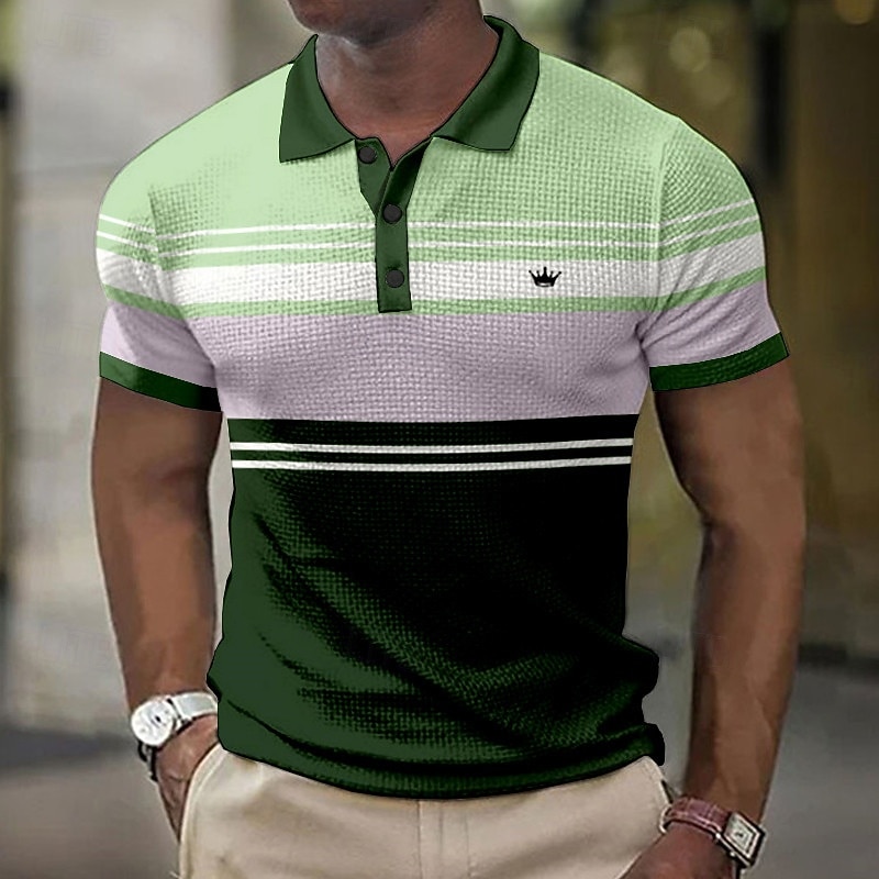 Men's Striped Waffle Polo Shirts Golf Shirt Short Sleeve Polo Shirts Collared Shirts Business Casual WorkWear Formal Wear Festival Wear Buttons 3D Print Pink Blue Green2