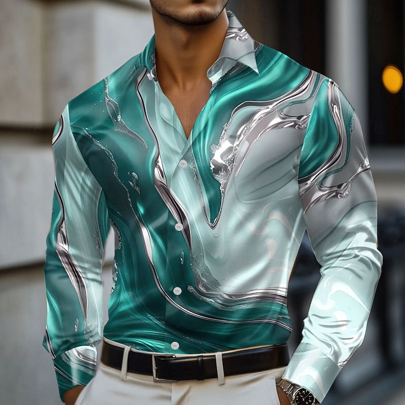 Men's Marble Abstract Liquid Art Shirt Satin Shirt Dress Shirt Long Sleeve Fashion Casual Vacation Dailywear Summer Spring Fall Turndown 3D Print Button Up Shirts Blue green Red Blue Green Gray4