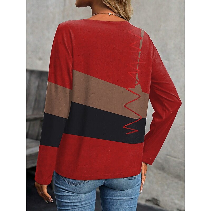 Women's T Shirt Graphic Geometric Vintage Stylish Casual Long Sleeve Crew Neck Regular Tops Daily Patchwork Print Yellow Red Blue Dusty Blue Purple Fall Winter2