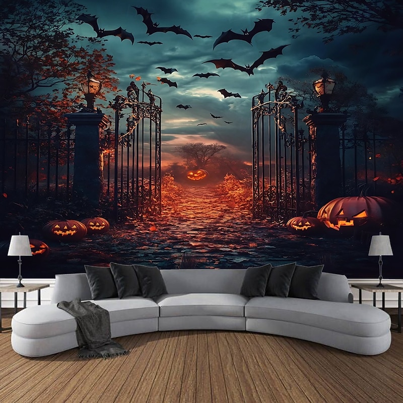 Halloween Photo Backdrop Tapestry, Pumpkin Ghost and Skull Pattern Wall Hanging, Large Decorative Mural for Bedroom, Living Room, Party, and Home Decoration3