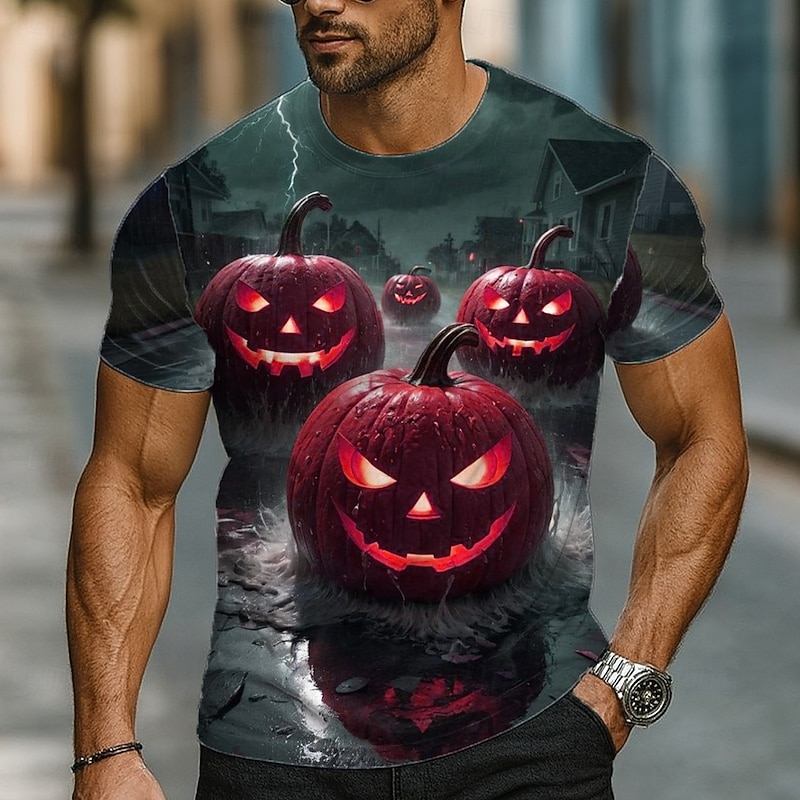 Halloween Men's Optical Illusion Pumpkin 3D T Shirt Short Sleeve T shirt 3D Print Crew Neck Shirt Exaggerated Designer Horror Party Street Holiday Red Orange Green Summer Spring All Seasons Clothing3