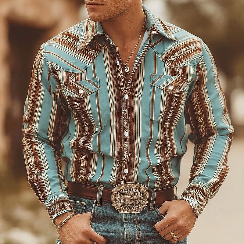 Men's Geometric Striped Color-blocking Shirt Western Shirt Cowboy Shirt Long Sleeve Vintage Retro Outdoor Daily WorkWear Fall & Winter Turndown 3D Print Front Two Pockets Button Up Shirts Blue Sky