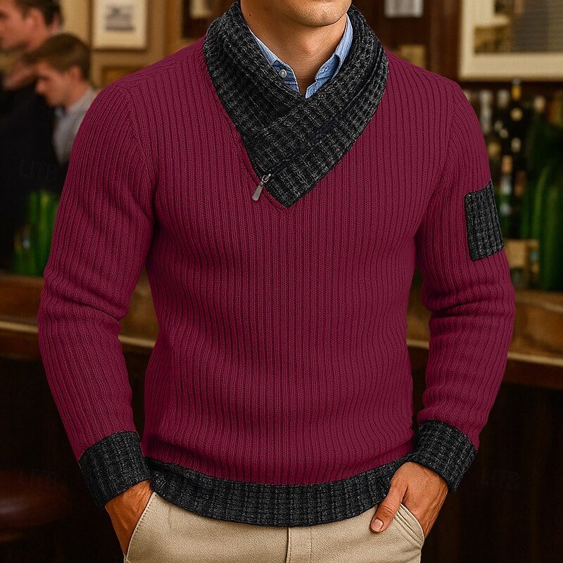 Men's Sweater Pullover Sweater Jumper Ribbed Knit Regular Tops Knitted Slim Fit Plain Shawl Knitwear Contemporary Casual Daily Wear Clothing Apparel Fall Black Red S M L2