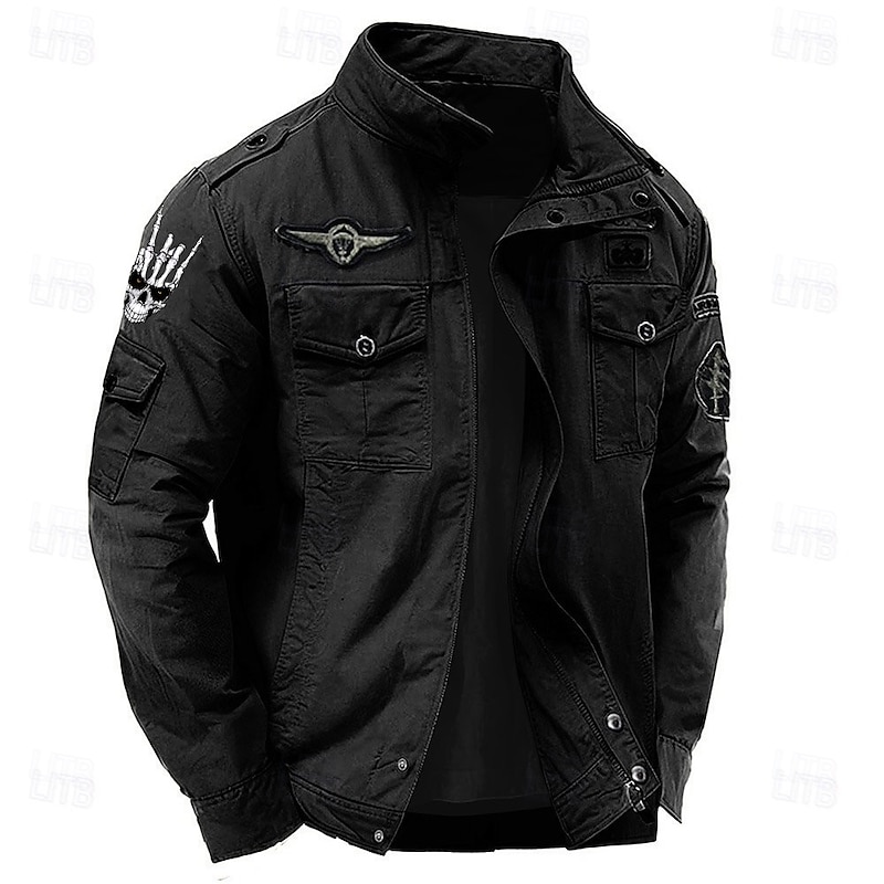 Men's Cotton Embroidered Military Jacket Windbreaker with Shoulder Straps Long Sleeve Standing Collar Multi-Pockets Trucker Jacket Skull Skeleton Print Tactical Outerwear