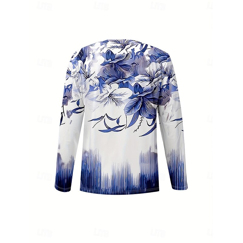 Women's T Shirt Ombre Floral Graphic Vintage Stylish Classic Long Sleeve V Neck Regular Tops Daily Print Royal Blue Spring Fall Winter3