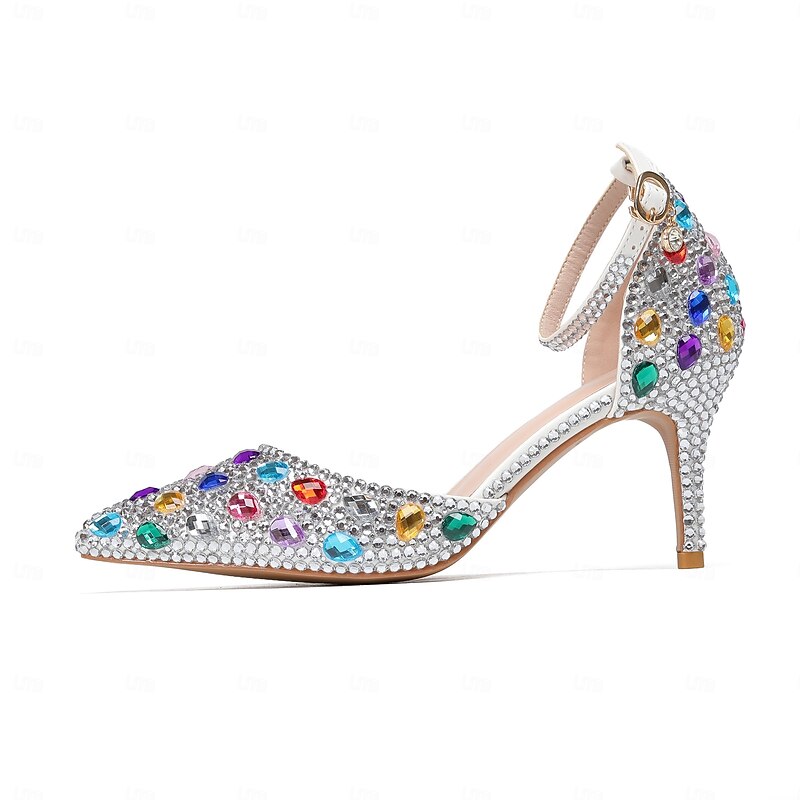 Women's Colorful Rhinestone Ankle Strap Heels – Sparkly Crystal Embellished Pointed Toe Stiletto Pumps for Wedding, Prom, and Party Events4