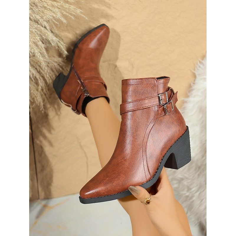 Women's Brown Buckle Strap Ankle Boots – Western Style Block Heel Booties with Side Zipper for Fall Winter Casual and Country Outfits4