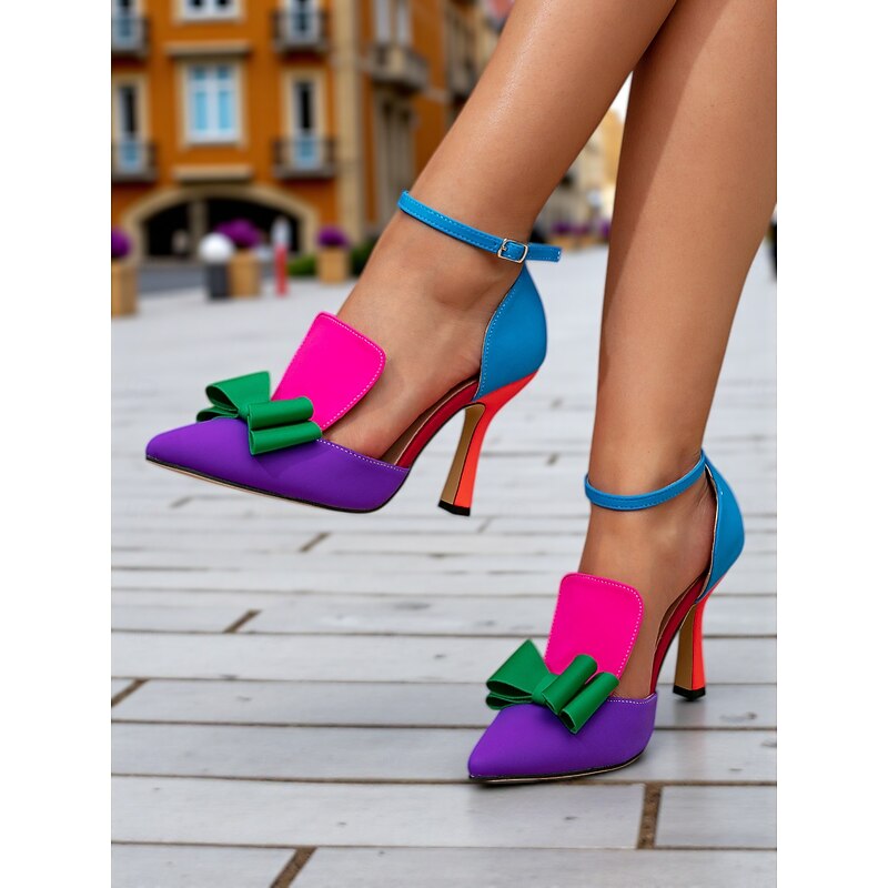 Women's 1950s Colorblock Bow High Heels - Retro Chic Multicolor Faux Leather Stiletto Pumps for Vintage Parties,Photoshoots  and Fashion Events2