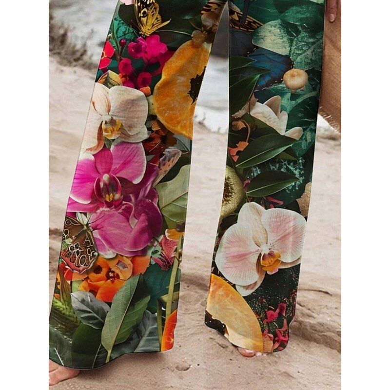 Women's Wide Leg Pants Trousers Vacation Casual Long High Waist Floral Elastic Waist Printing High Cut Breathability Soft Micro-elastic Vacation Street Daily Wear Dark Green Spring Fall Regular Fit3