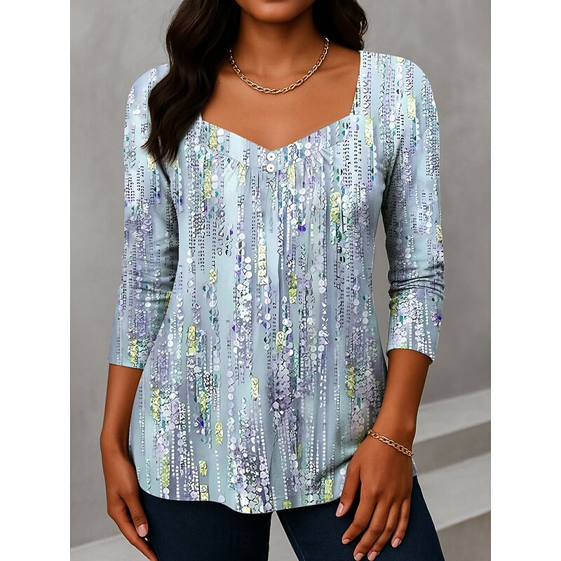 Women's T shirt Long Sleeve Ombre Graphic Vintage Fashion Stylish Long Sleeve V Neck Asymmetric Neck Regular Tops Daily Weekend Vacation Wear Buttons Print Blue Purple Green  Spring Prefall3