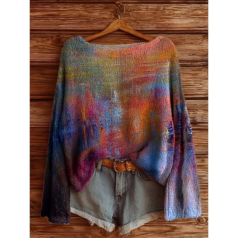 Women's Sweater Casual Soft Geometric Vintage Long Sleeve Crew Neck Regular Tops Daily Holiday Print Yellow Blue Purple Green Spring Fall Winter