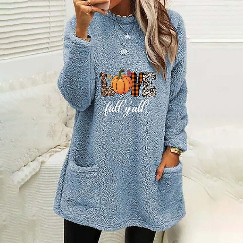 Halloween Women's Pullover Sweatshirt Letter Elegant Warm Teddy Long Sleeve Crew Neck Long Tops White Pink Blue Gray Spring Fall Winter Spring, Fall, Winter, Summer