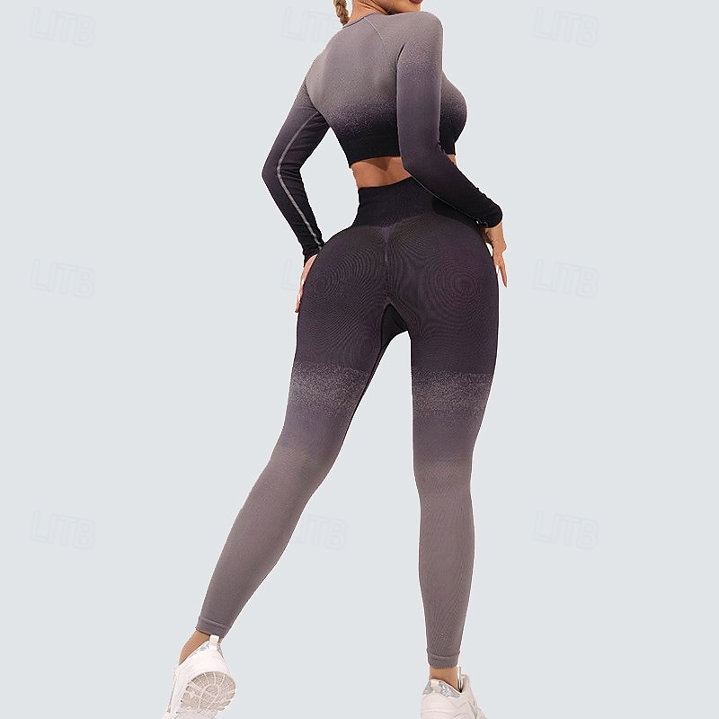 Women's Yoga Romper Workout Jumpsuits Fall Color Gradient Clothing Suit Black Pink Gym Workout Athletic High Waist Stretchy Breathable Tummy Control Long Sleeve Sport Activewear2