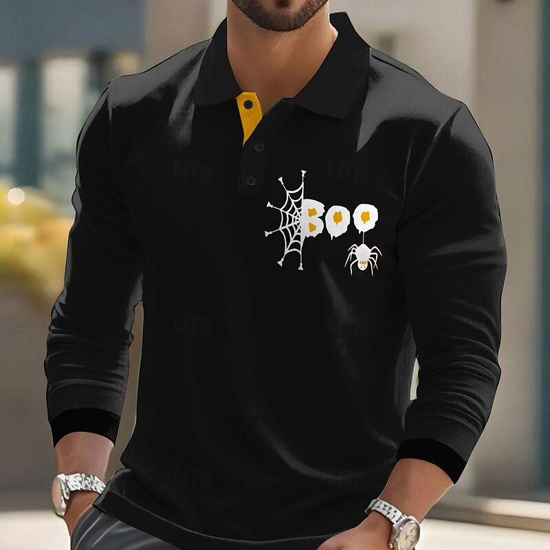 Halloween Men's Animal Spider web Polo Long Sleeve Polo Shirts Lapel Casual Street Athleisure Daily Wear 3D Print Buttons Spring Fall Winter Black Orange Brown2