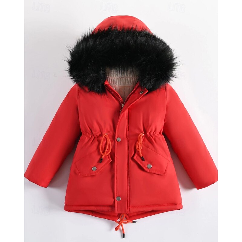 Kids Girls' Down Coat Solid Color Fashion Fur Trim Zipper Pocket School Coat Outerwear 4-12 Years Winter Black Red