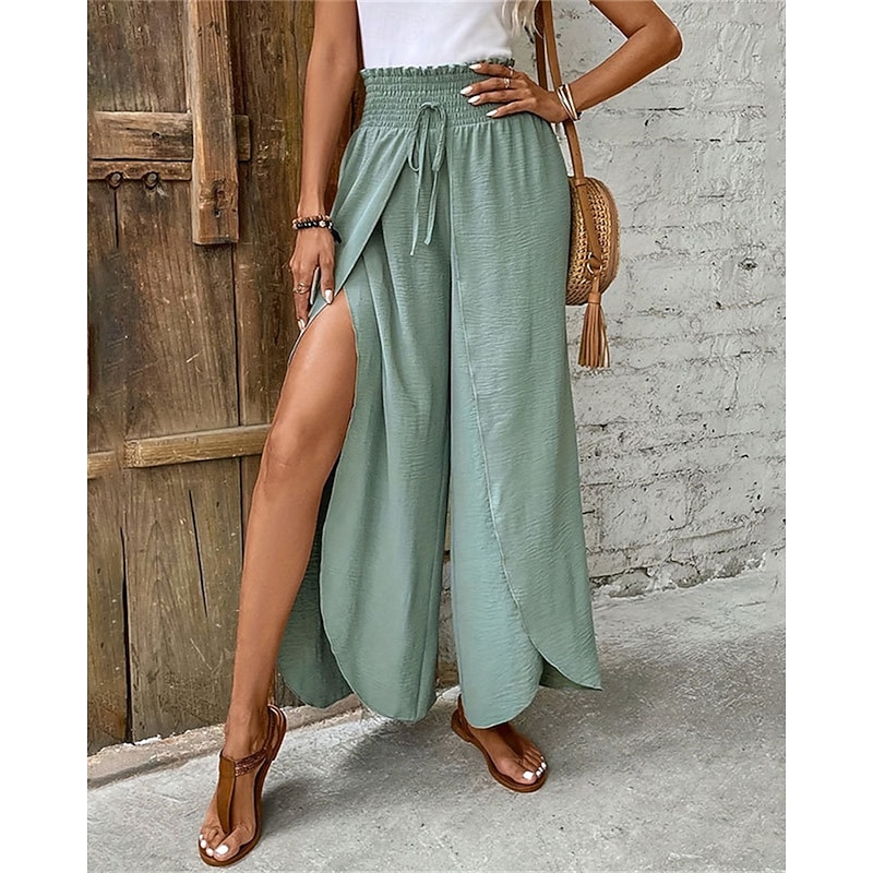 Women's Wide Leg Pants Trousers Palazzo Pants Fashion Streetwear Full Length High Waist Plain Elastic Waist Breathability Comfortable Street Daily Wear Going out Black Army Green Navy Blue Green4